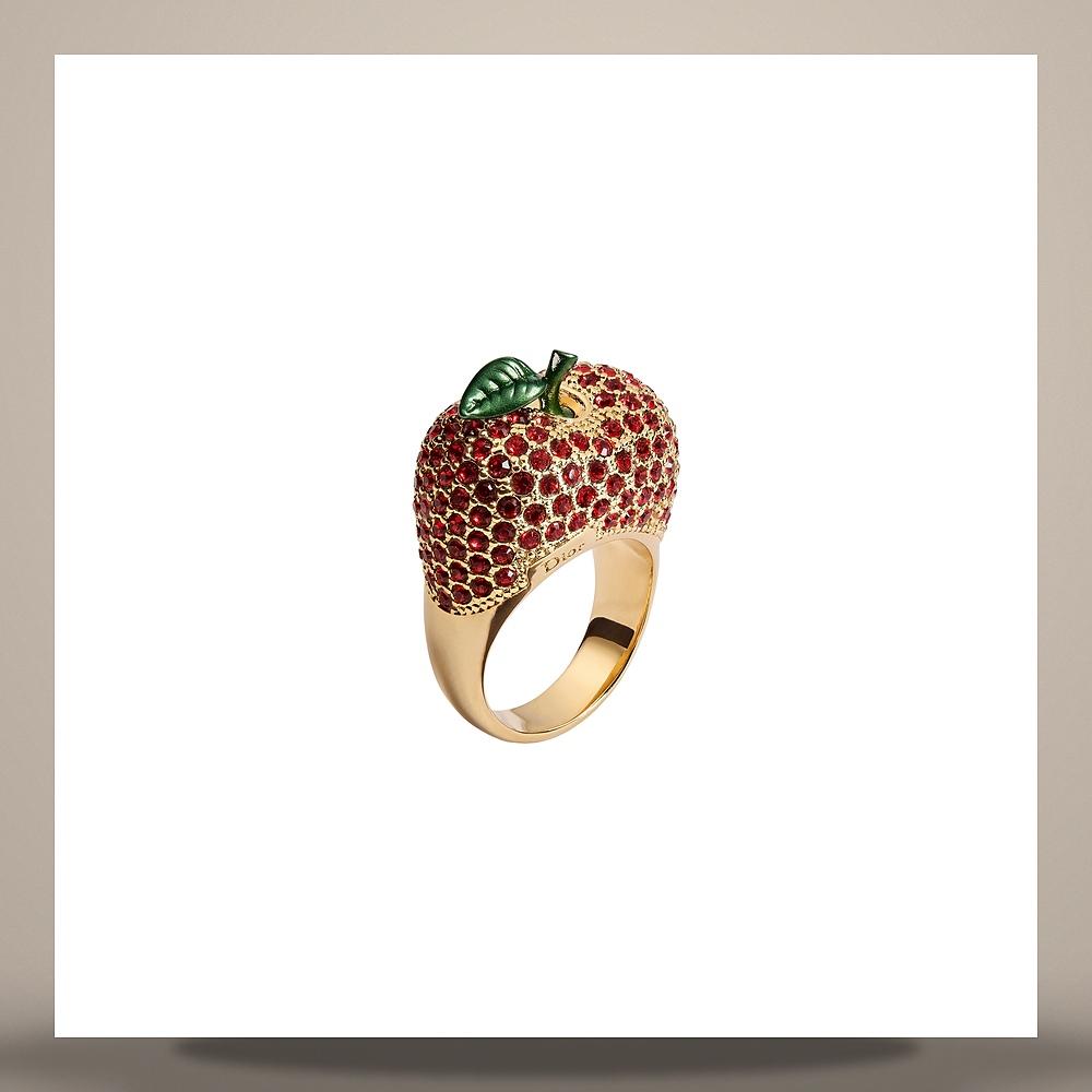 DIOR Gold-Tone Metal Ring Red Crystal Green Lacquer Sparkling Fr R2827WOMCY D20R