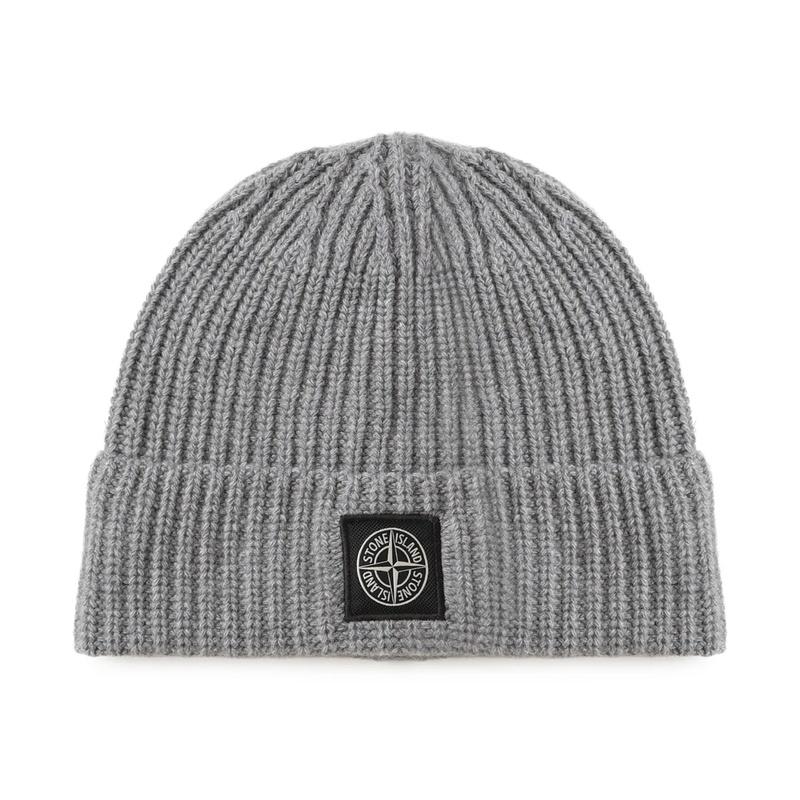 STONE ISLAND Logo Patch Beanie Black Knit Hat Men