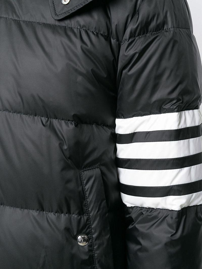 THOM BROWNE Black Down Hooded Long Puffer Coat with Stripes