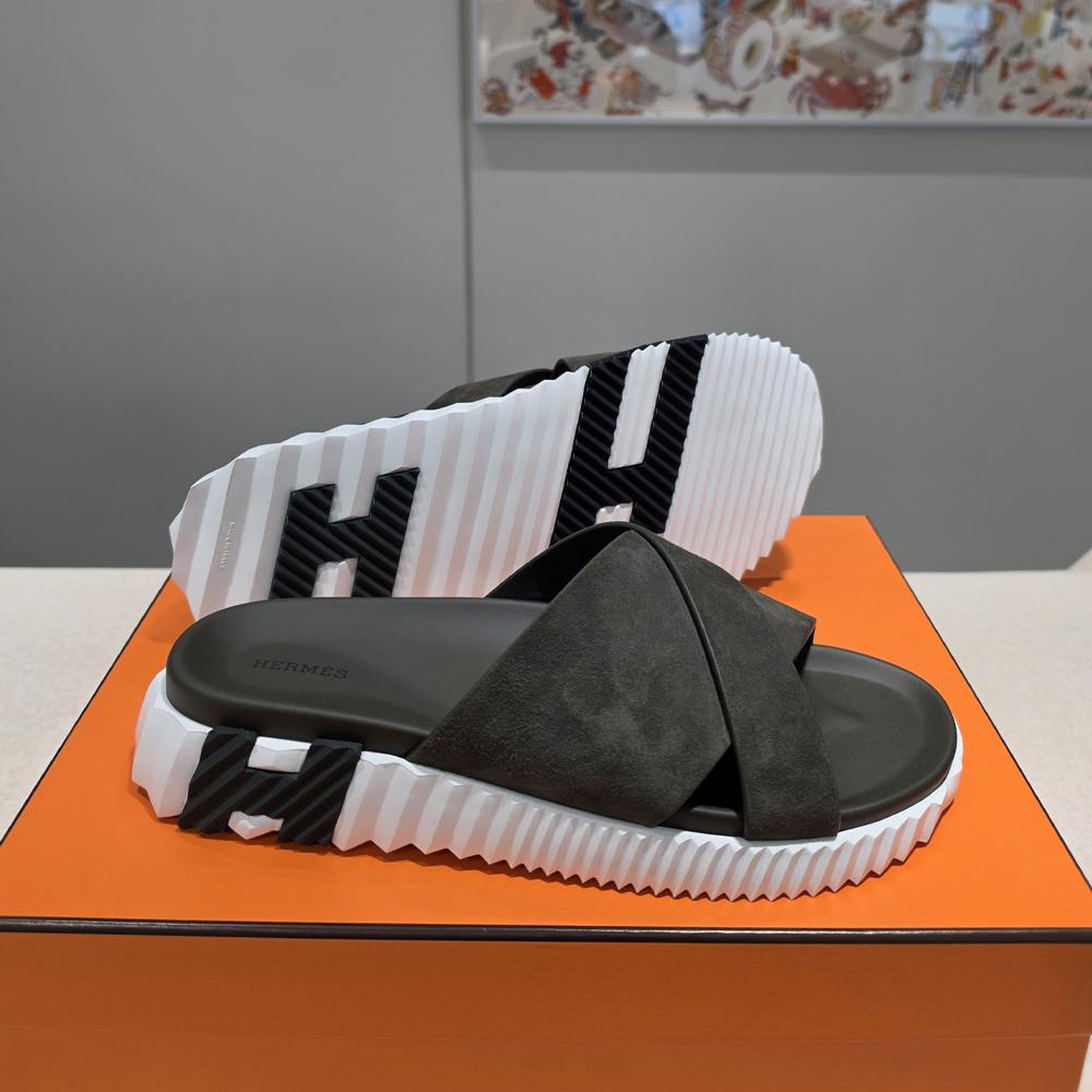 HERMES Men’s Infra Slides Suede Calfskin Khaki H Slippers