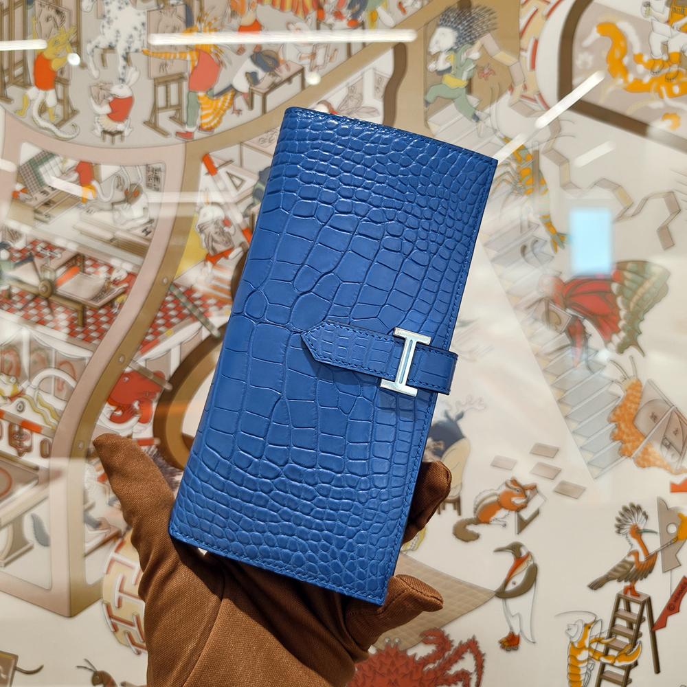 HERMES Blue Matte Alligator Bearn Long Wallet Gold Hardware Unisex