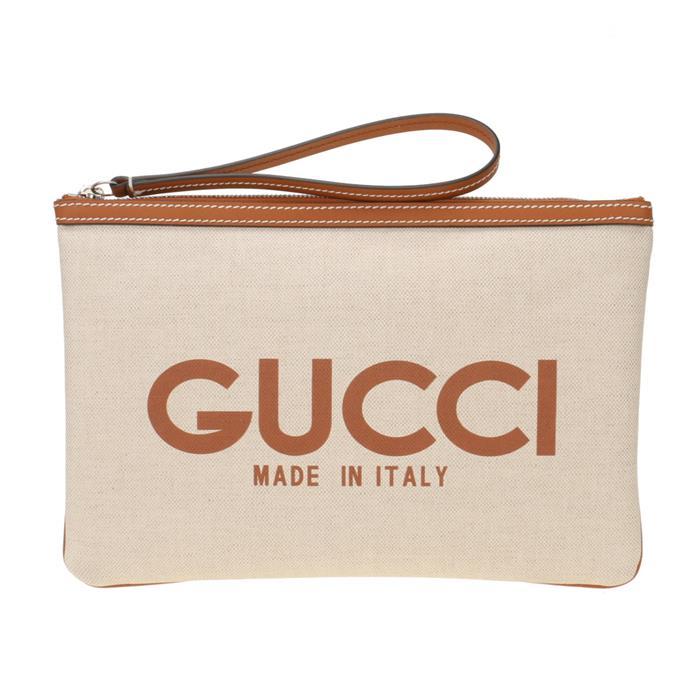 GUCCI Print Leather Clutch Beige Brown