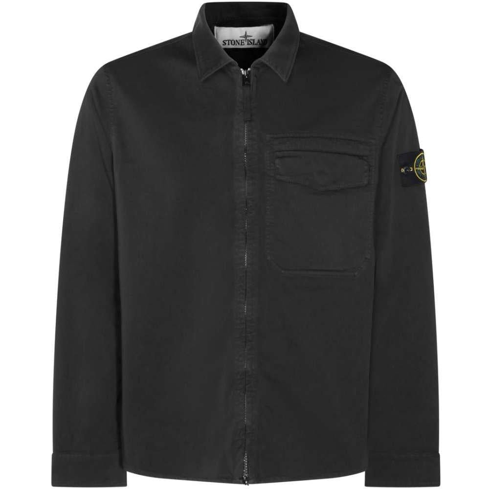 STONE ISLAND Black Woven Overshirt with Logo Patch Long Sleeve Shirt