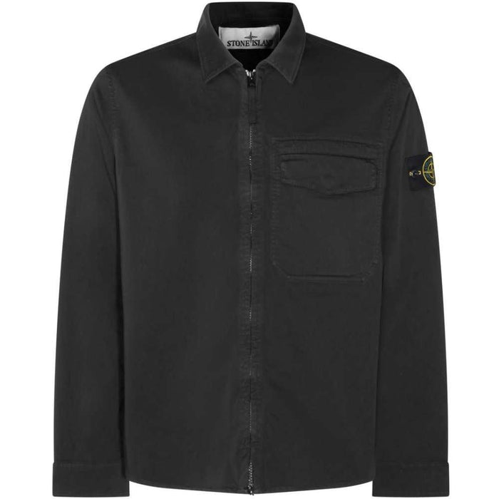 STONE ISLAND Black Woven Overshirt with Logo Patch Long Sleeve Shirt