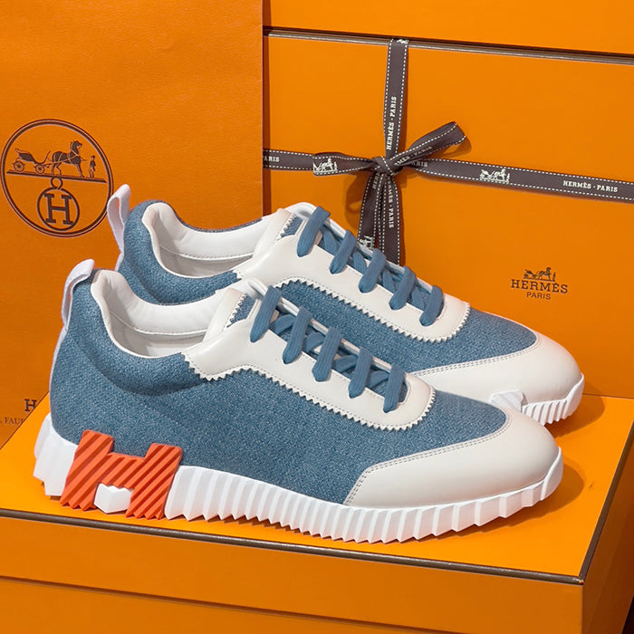 HERMES Bouncing Sneakers Chevron Denim Calfskin Blue Clair Men’s Low-Top