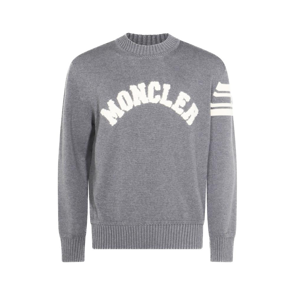 Moncler Gray Bouclé Lettering Logo Patch Crewneck Knit Sweater 9C00009 M1367 930