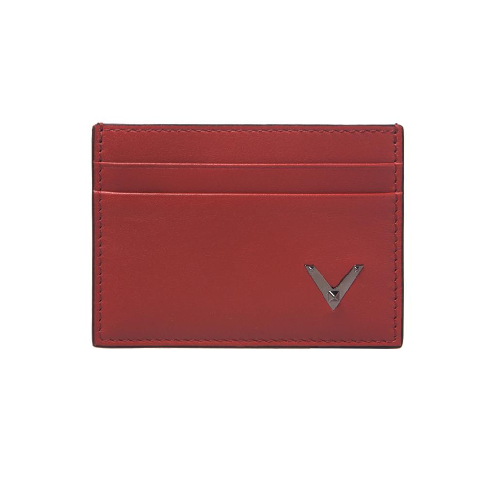 VALENTINO 15th Anniversary Logo Two-Tone Red Navy Leather Card Holder