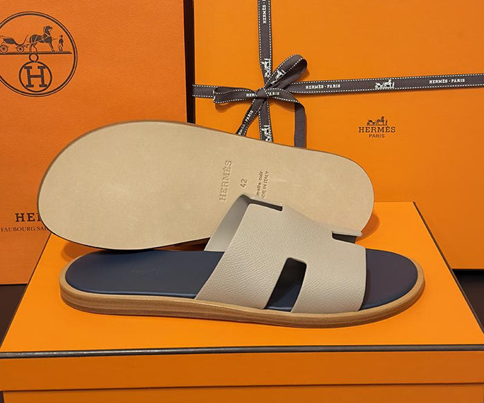 HERMES Izmir Epsom Calfskin Sandals Light Beige Dark Gray Men