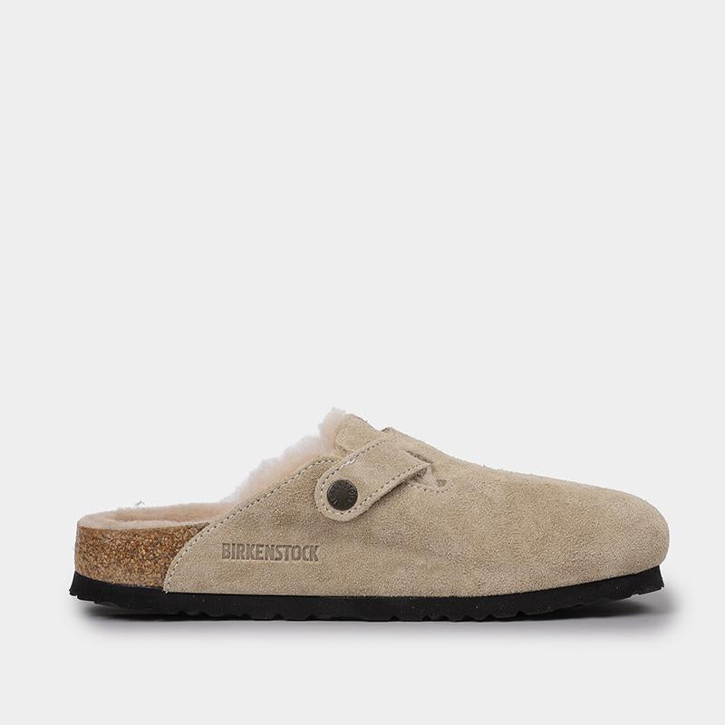 Birkenstock Boston Shearling Suede Mule Sandals Taupe 1028299