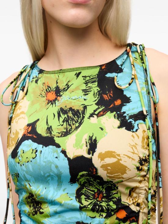 GANNI Printed Lycra Jersey Gathered Midi Dress T4170999 DOM