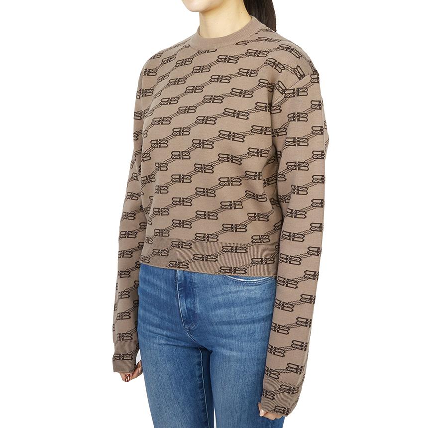 BALENCIAGA BB Wool Round Neck Knit Sweater Gray Women