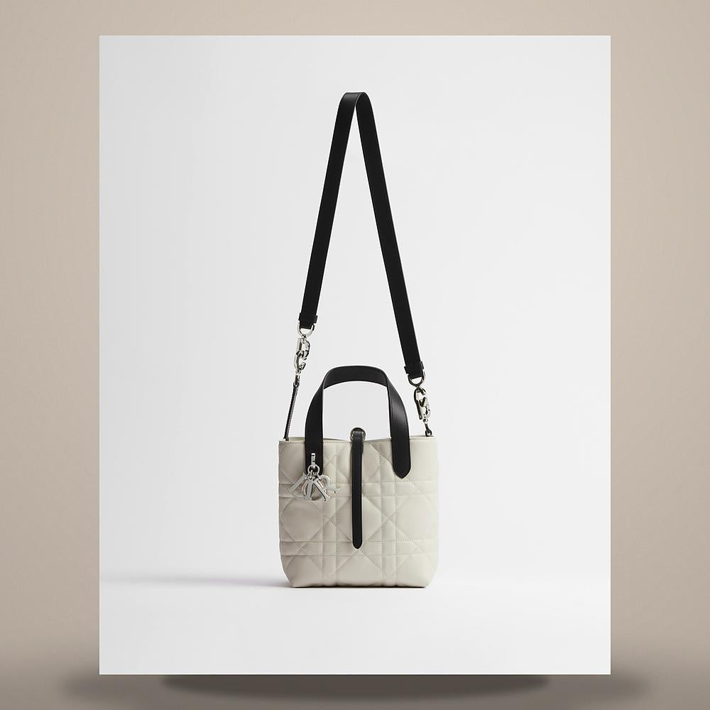 DIOR Toujours Small Vertical Tote Latte/Black Macro Cannage Calfs M2835PSOB M06E