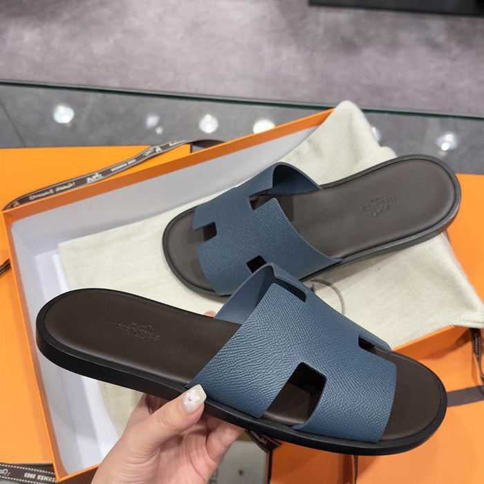 HERMES Izmir Epsom Calfskin Two-Tone Navy Brown Sandals