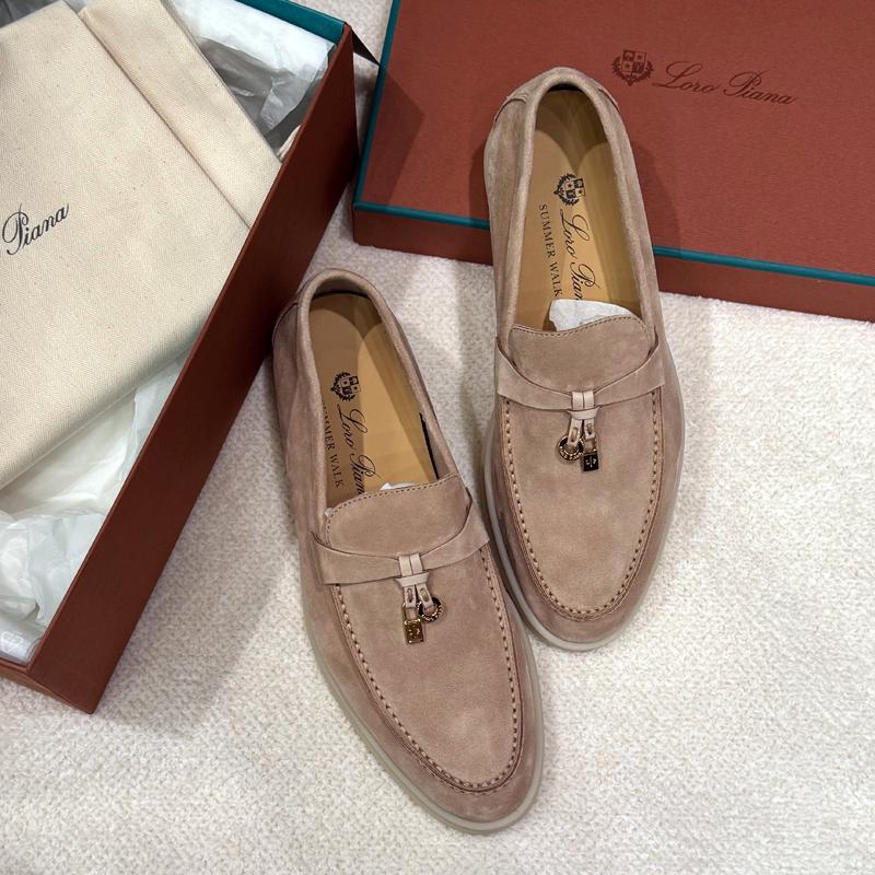 Loro Piana Suede Summer Charms Walk Loafers Sand Brown Gold-tone