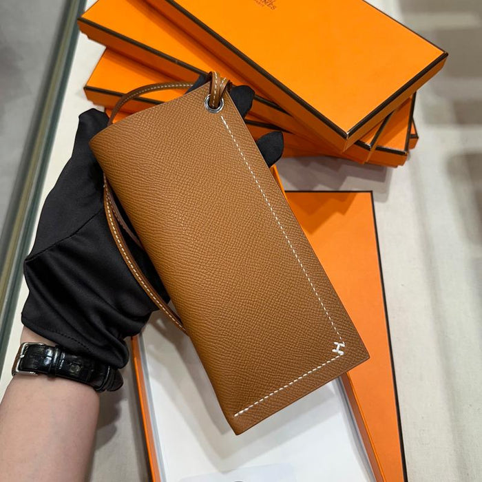 HERMES Gold Brown Epsom Calfskin H Logo Strap Eyeglass Case