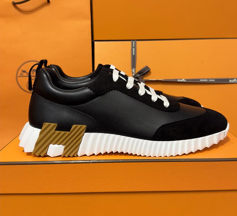HERMES Black Goatskin Leather Bouncing Low-Top Sneakers with Brown H Logo