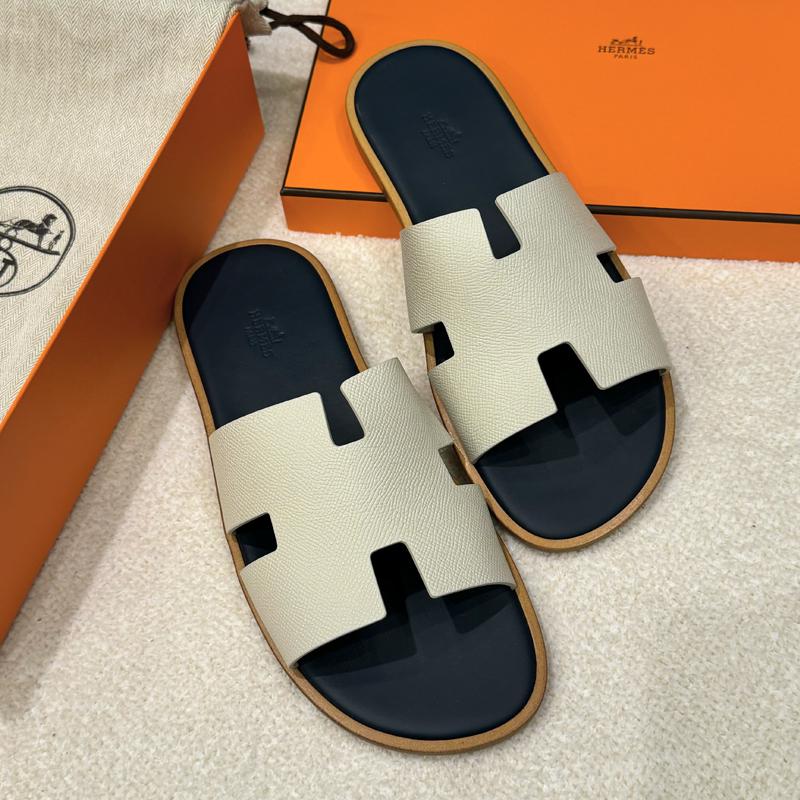 HERMES Izmir Sandals Calfskin Epsom White Navy Men's Slides