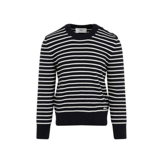 AMI Wool Crewneck Sweater for Men HKS039 KN0061 4023 NAVY BLUE OFF WHITE DOM