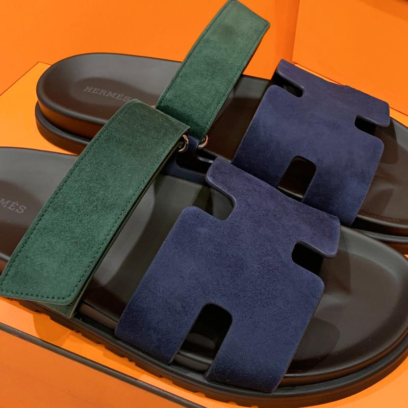 HERMES Men’s Chypre Suede Calfskin Green Blue Two-Tone Sandals