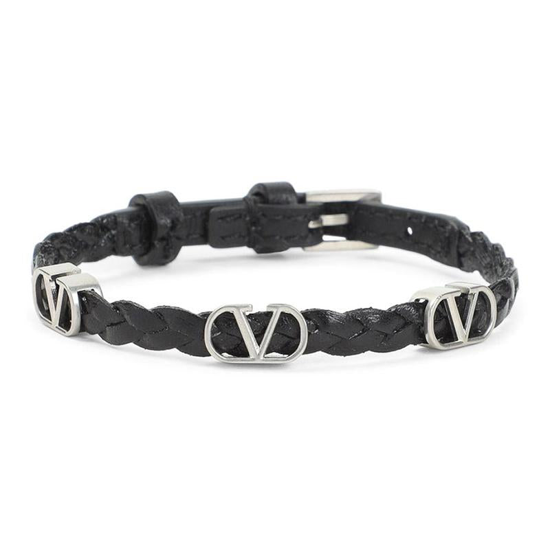 VALENTINO V Logo Leather Bracelet Black