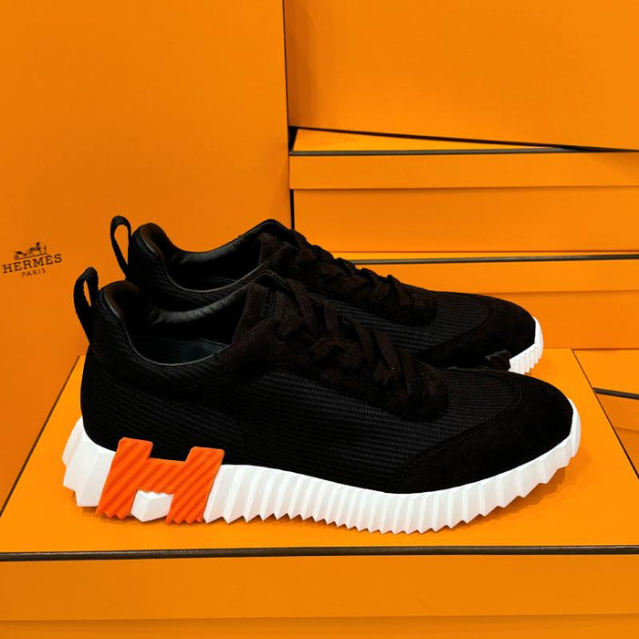 HERMES Bouncing Sneakers Mesh Suede Calfskin Black H Two-Tone Low Top