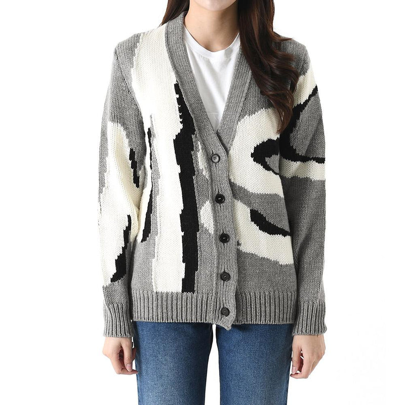 MSGM Maxi Logo Intarsia Wool Cardigan Gray