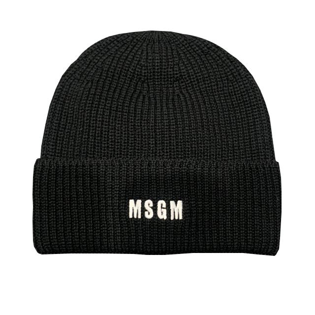 MSGM Mini Logo Embroidered Wool Beanie Black Unisex