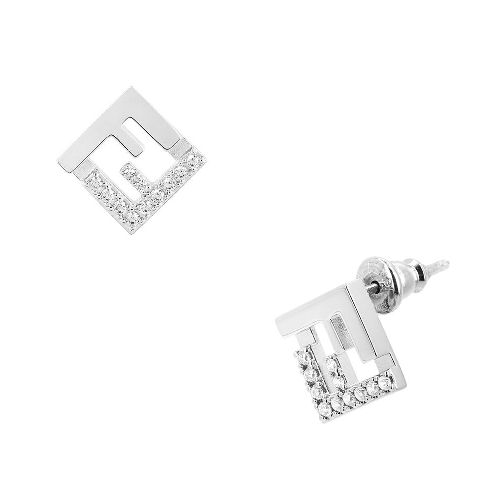 FENDI FF Logo Stud Earrings Silver-Tone