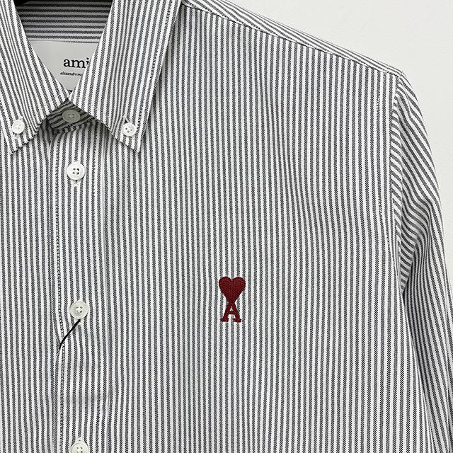 AMI Heart Logo Button-Down Stripe Long Sleeve Shirt