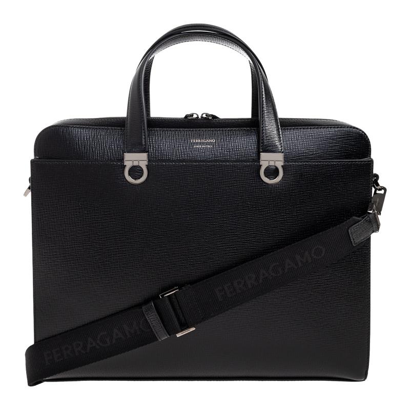 Ferragamo Gancini Leather Briefcase Black Men's Bag