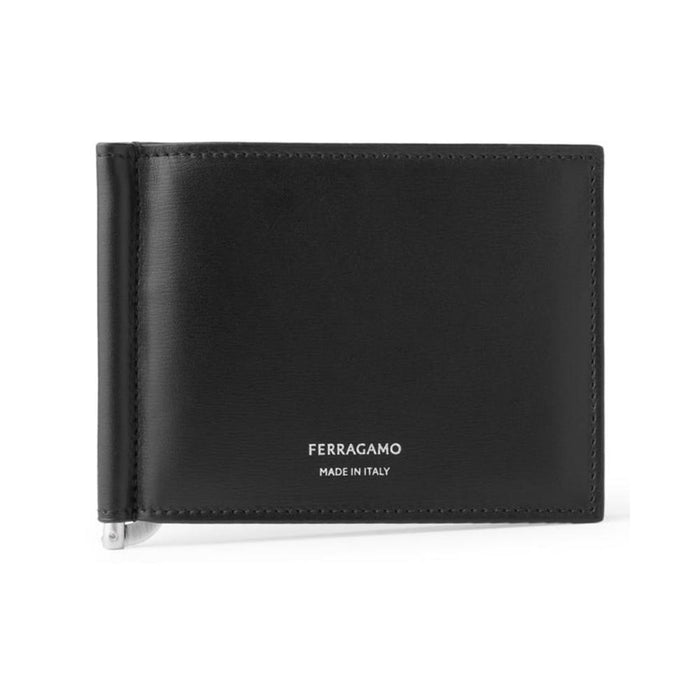 Ferragamo Silver Embossed Logo Money Clip Black Leather Wallet