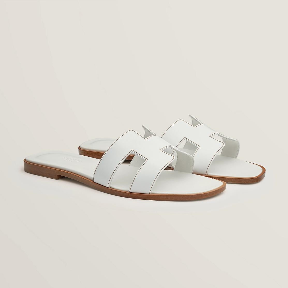 HERMES White Oran Women’s Leather Slide Sandals H021056
