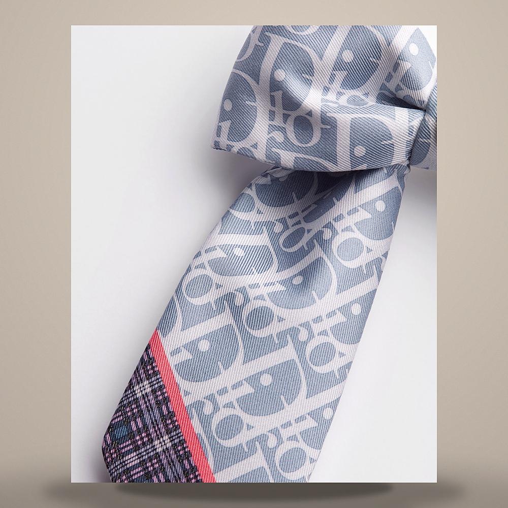 DIOR Blue Sky Tartan Twist Large Bow Silk Twill Scarf