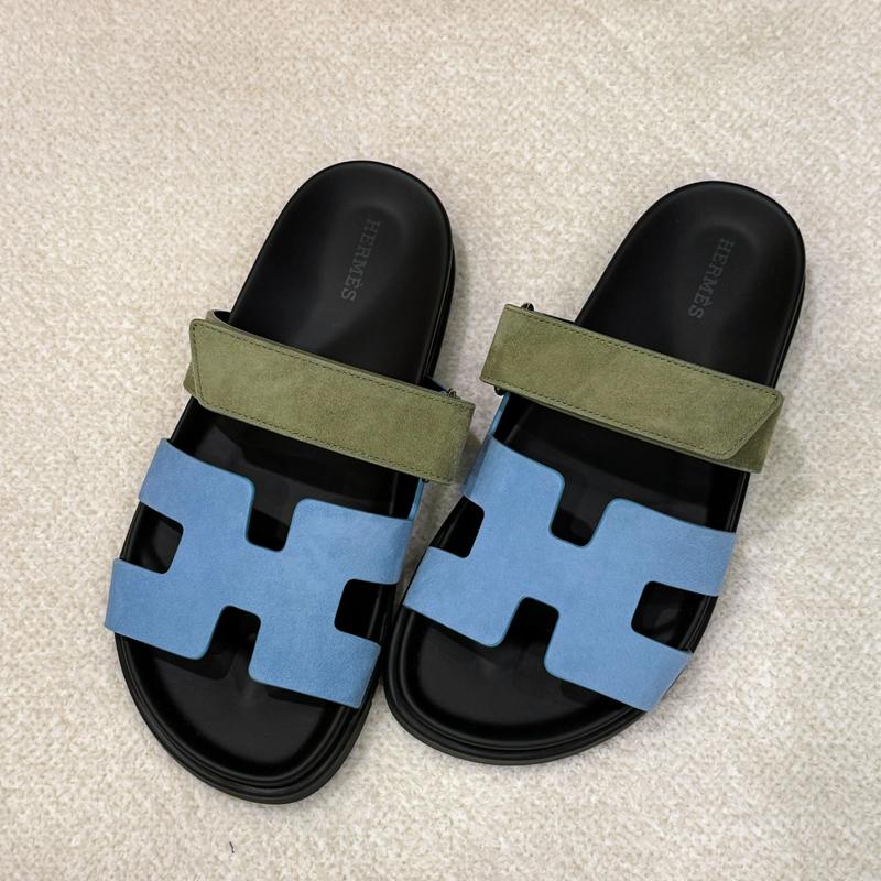 HERMES Women’s Suede Goatskin Chypre Sandals Blue Khaki