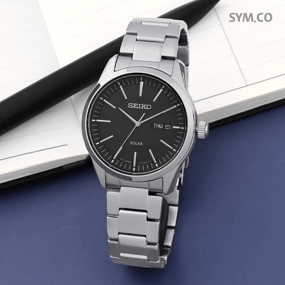 Seiko Solar Powered Silver Black Men’s Stainless Steel Watch SNE527 P1