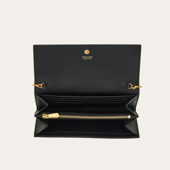 Ferragamo Black Leather Gancini Chain Wallet Long Wallet Crossbody