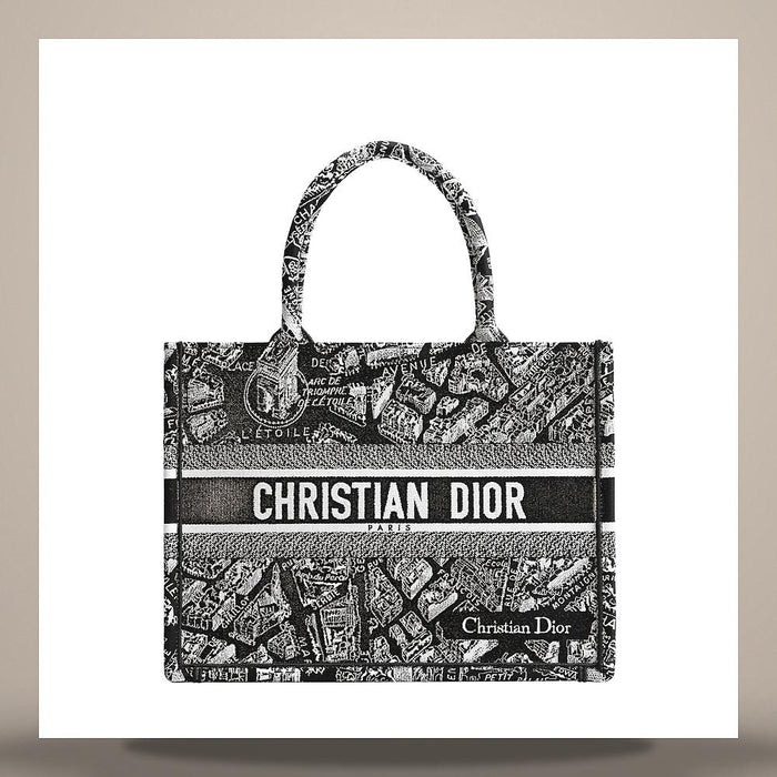DIOR Black White Paris Plan Embroidered Book Tote Medium Crossbody Bag