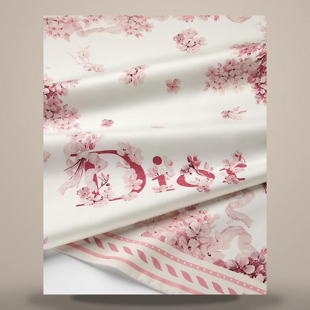 DIOR Lilac Bouquet 90 Square Scarf Ivory Pink Silk Twill 64TC090D6129 C416