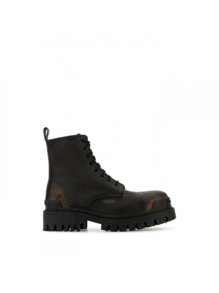 BALENCIAGA Strike Vintage Leather Lace-Up Mid Boots Black
