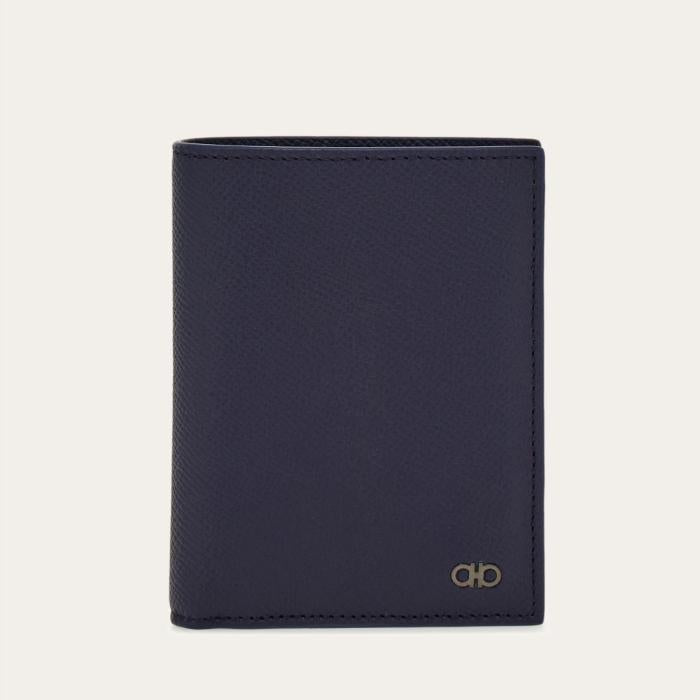 Ferragamo Gancini Compact Bifold Wallet Navy Blue Leather Men’s