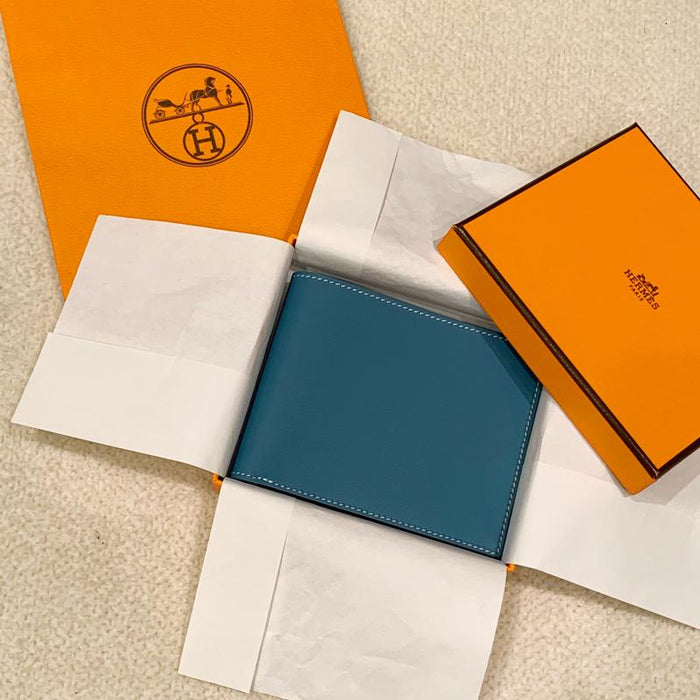 HERMES Blue Citizen Twill Compact Calfskin Silk-Lined Card Holder