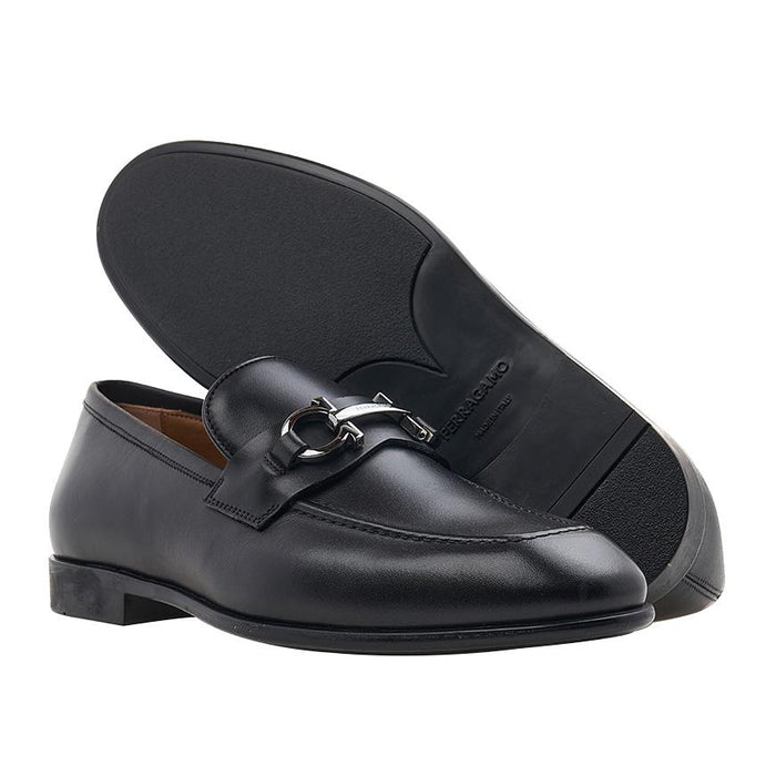 Ferragamo Double Gancini Leather Loafers Black Men 0762636