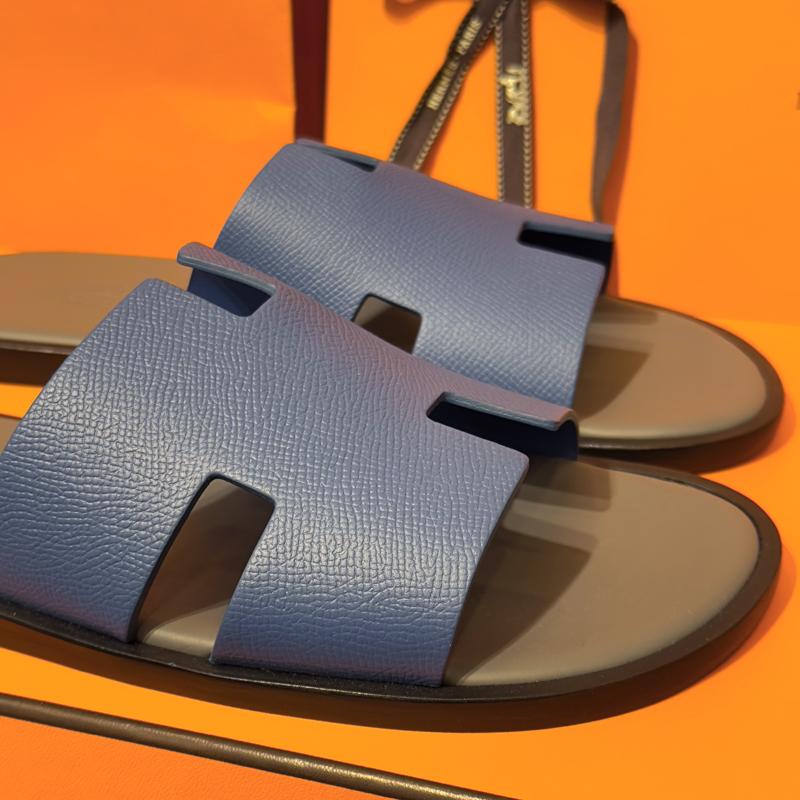 HERMES Izmir Sandals Calfskin Epsom Blue Gray Two-Tone Slides Men