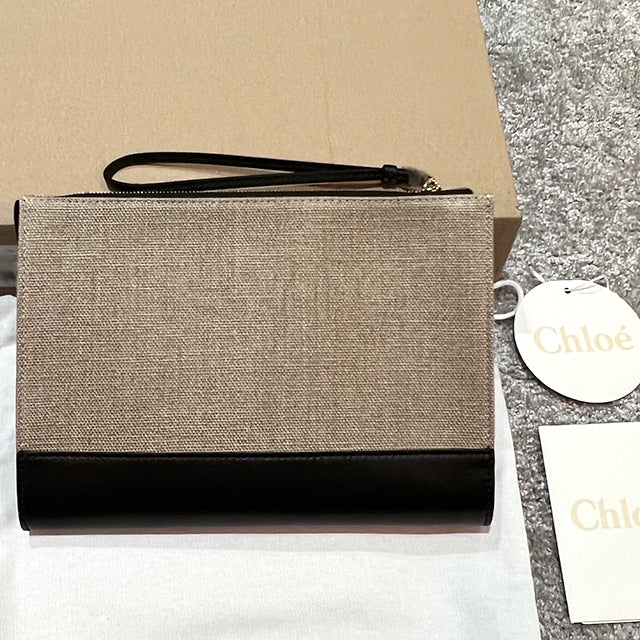 Chloe Sense Logo Pouch Clutch Bag Black Leather Unisex