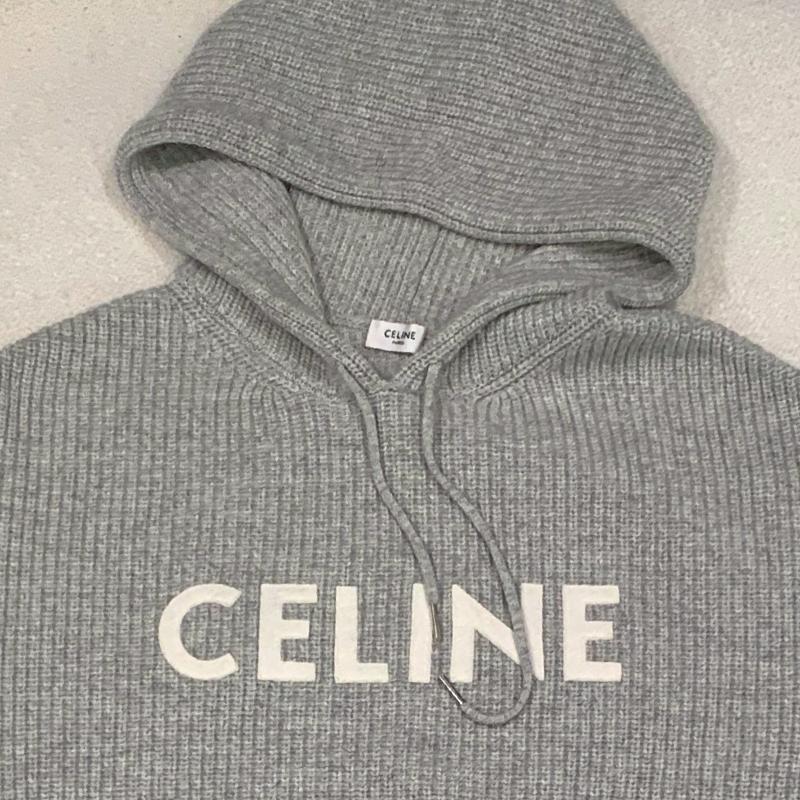 CELINE Ribbed Wool Hooded Knit Sweater Gray