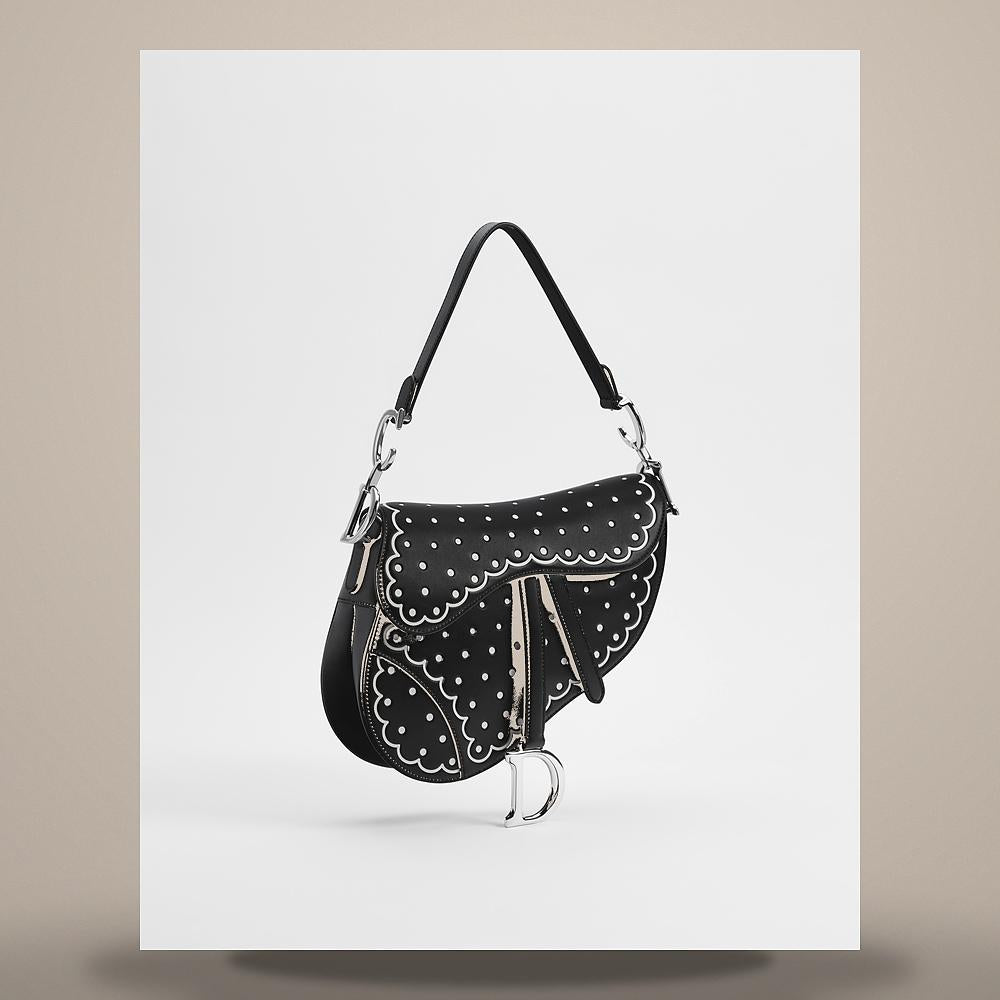 DIOR Black Calfskin Saddle Strap Bag White Debossed PolkaDior Pri M0455PILJ M45I