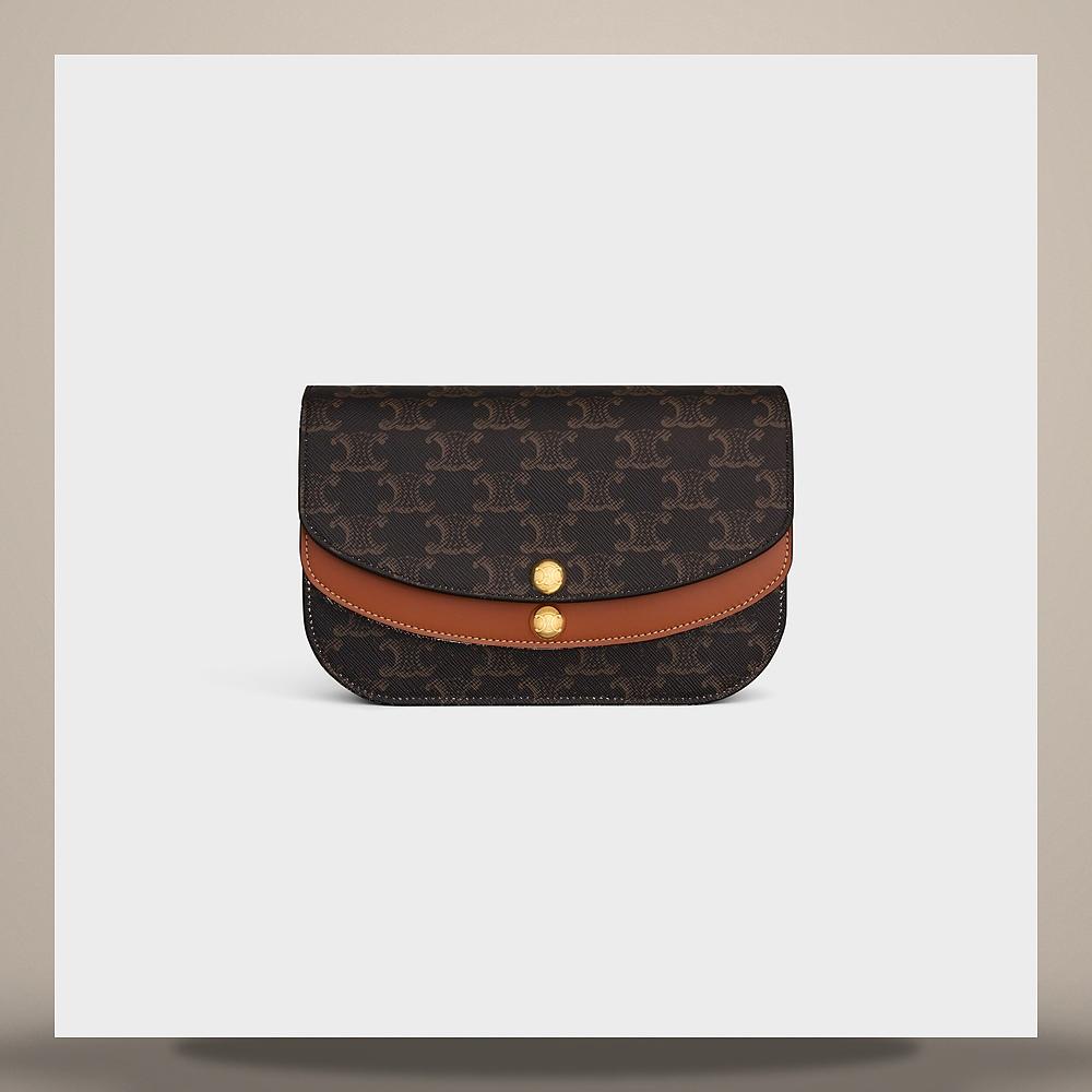 CELINE Duo Strap Wallet Triomphe Canvas Calfskin Tan Card Holder 10P672GVL 04LU