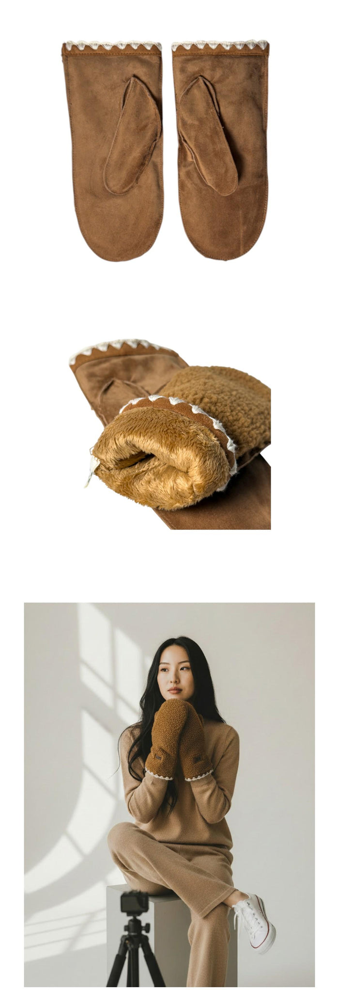 Ugg Fluff Scalloped Mittens Chestnut Faux Fur Gloves