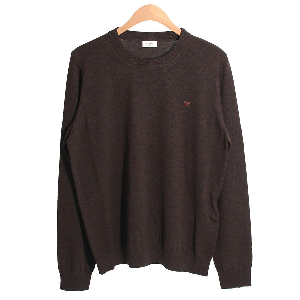 CELINE Chocolate Wool Crewneck Sweater with Embroidered Logo