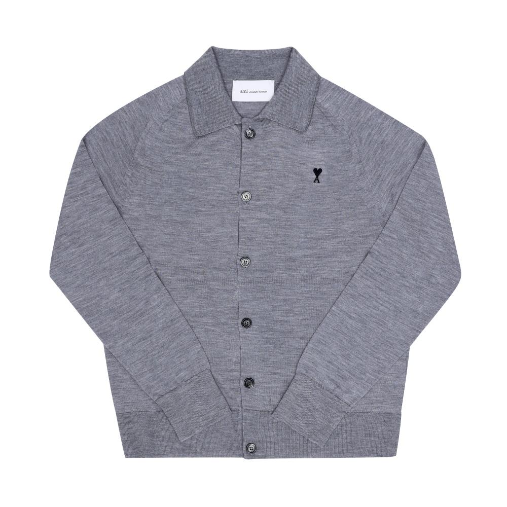 AMI Small Heart Logo Polo Knit Cardigan for Men Gray